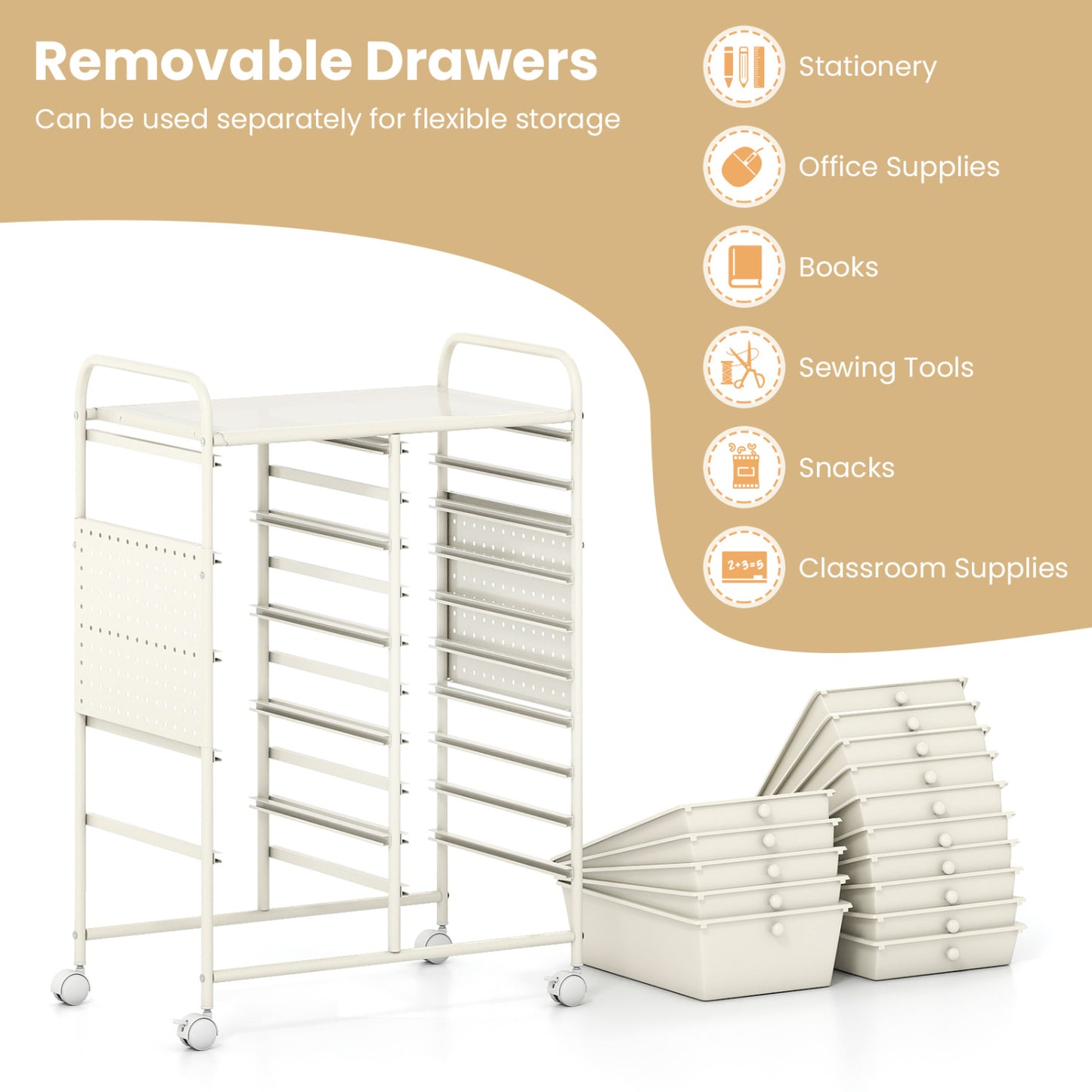 15-Drawer Rolling Storage Cart with Metal Tabletop and Pegboard, White File Cabinets at Gallery Canada