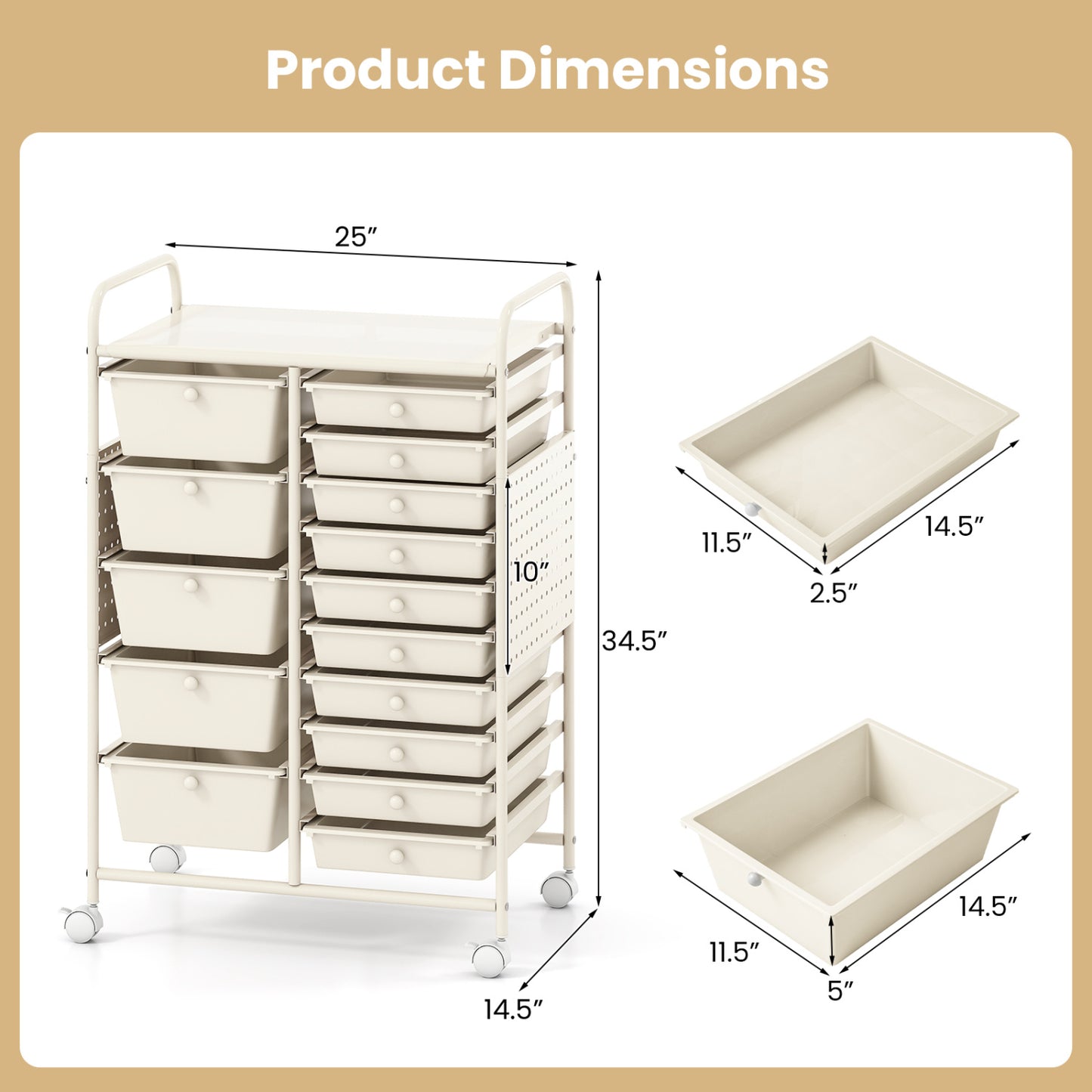 15-Drawer Rolling Storage Cart with Metal Tabletop and Pegboard, White File Cabinets at Gallery Canada