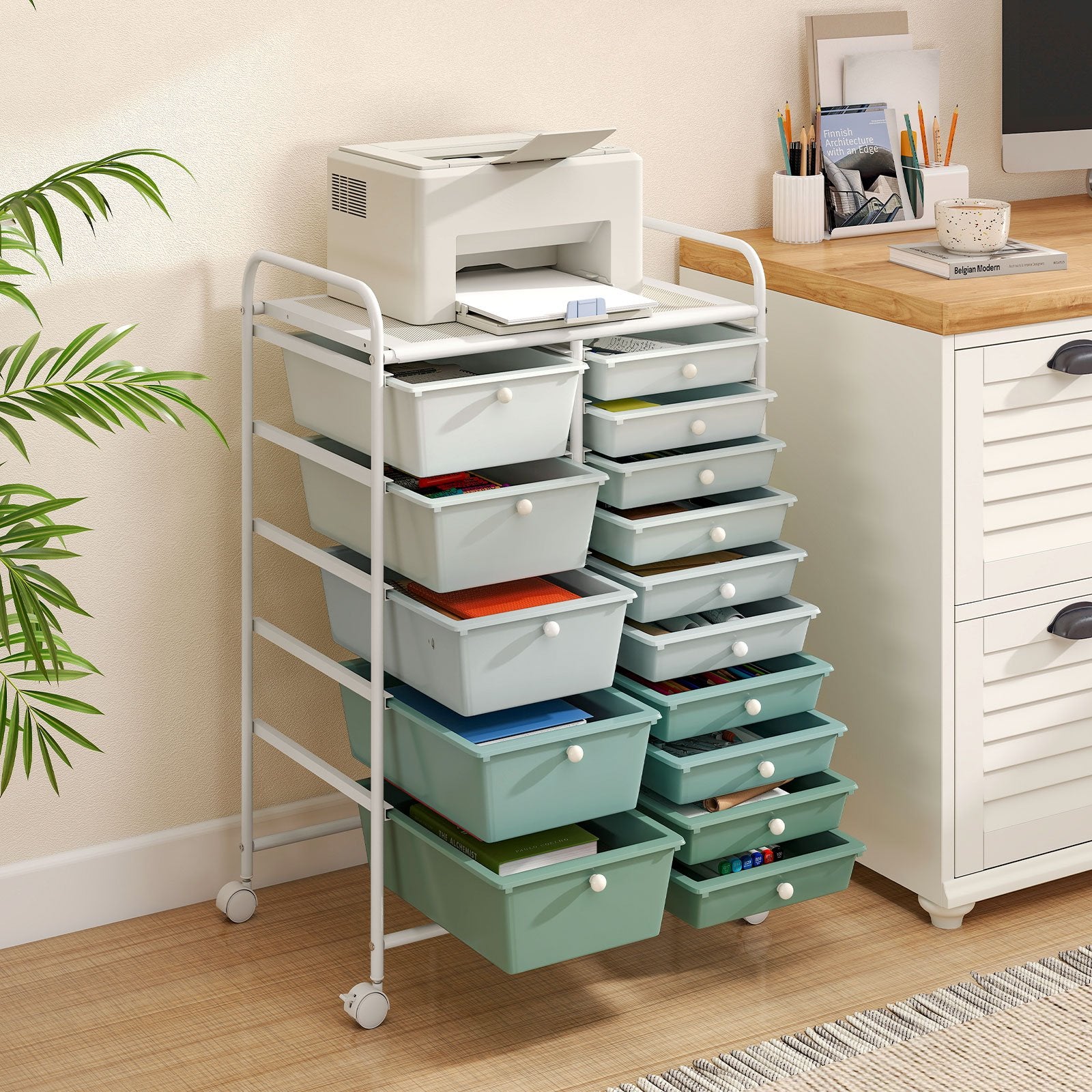 15-Drawer Utility Rolling Cart with Drawers Multi-Use Storage-Lime Green, Light Green File Cabinets at Gallery Canada
