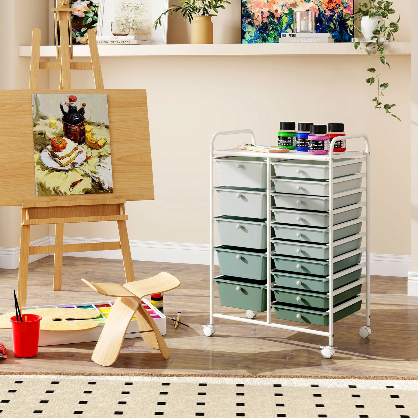 15-Drawer Utility Rolling Cart with Drawers Multi-Use Storage-Lime Green, Light Green File Cabinets at Gallery Canada