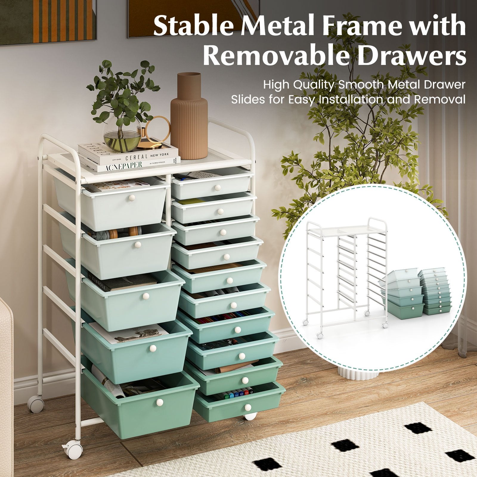 15-Drawer Utility Rolling Cart with Drawers Multi-Use Storage-Lime Green, Light Green File Cabinets at Gallery Canada