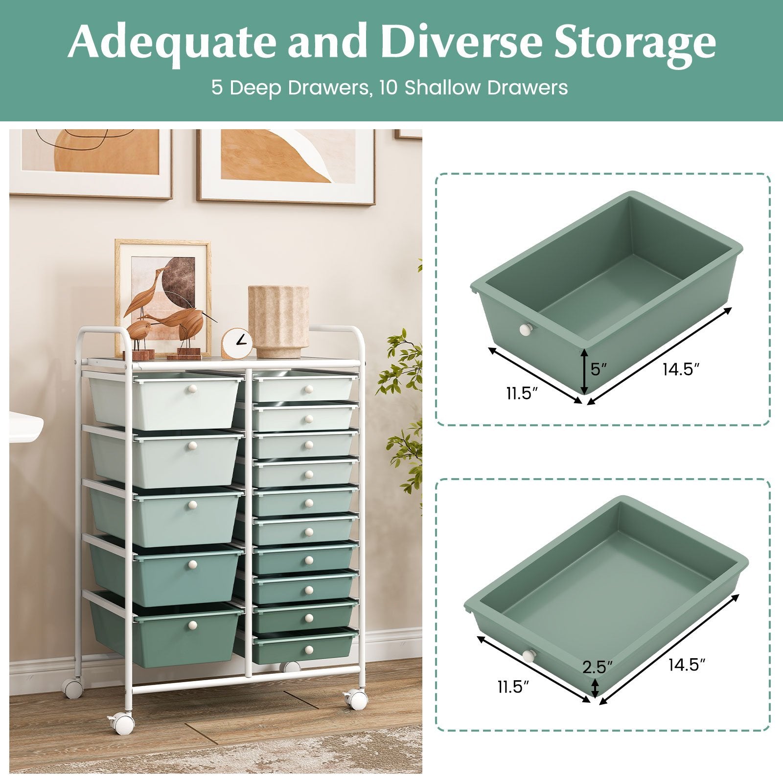 15-Drawer Utility Rolling Cart with Drawers Multi-Use Storage-Lime Green, Light Green File Cabinets at Gallery Canada