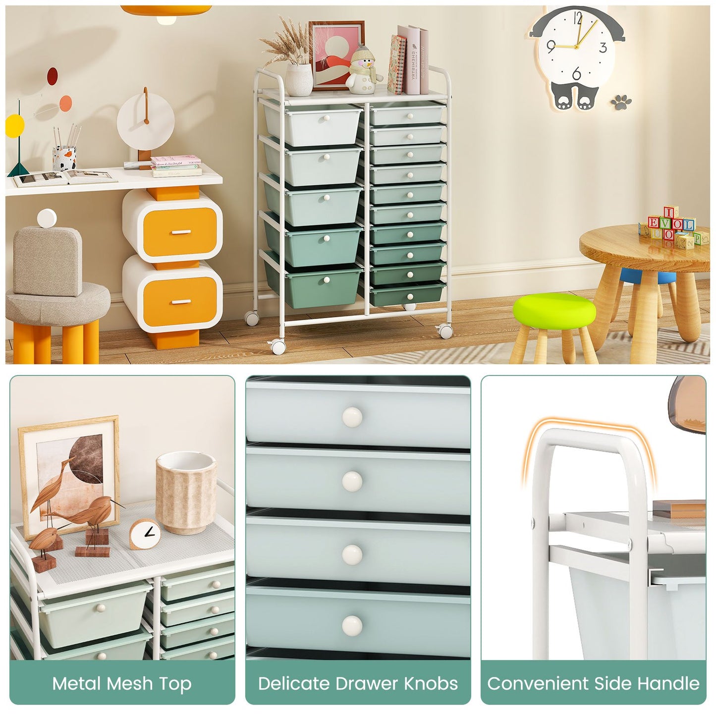 15-Drawer Utility Rolling Cart with Drawers Multi-Use Storage-Lime Green, Light Green File Cabinets at Gallery Canada