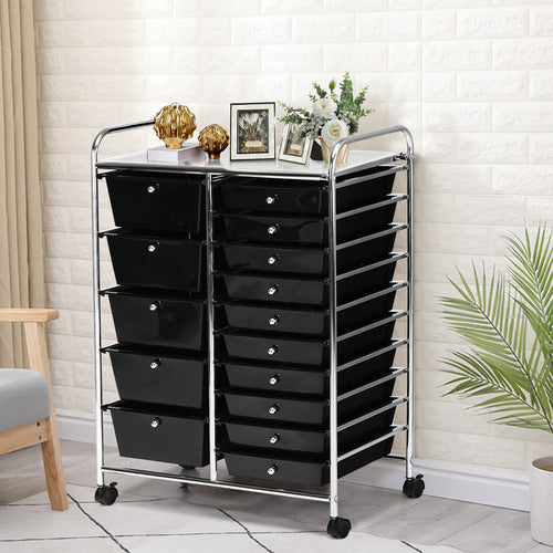 15-Drawer Rolling Organizer Cart, Multi-Use Storage, Black