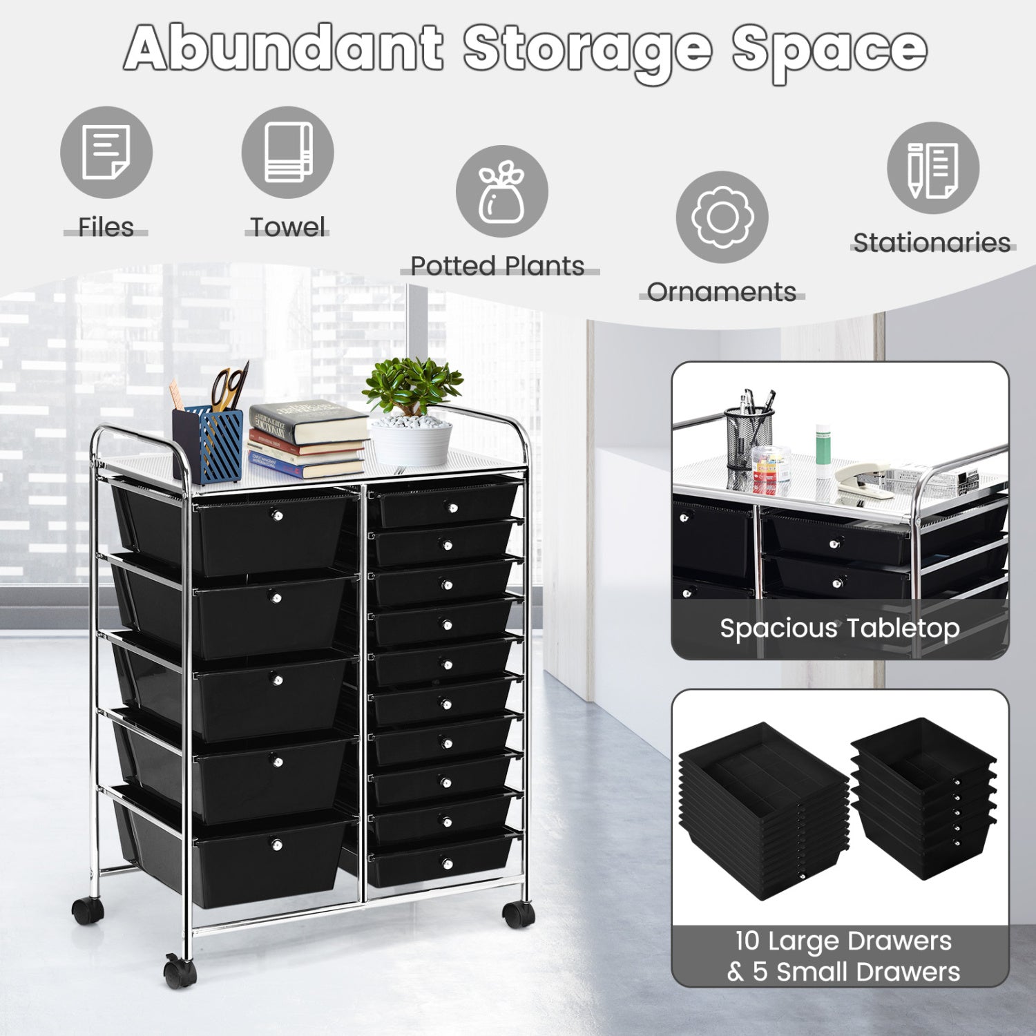 15-Drawer Rolling Organizer Cart, Multi-Use Storage, Black File Cabinets at Gallery Canada
