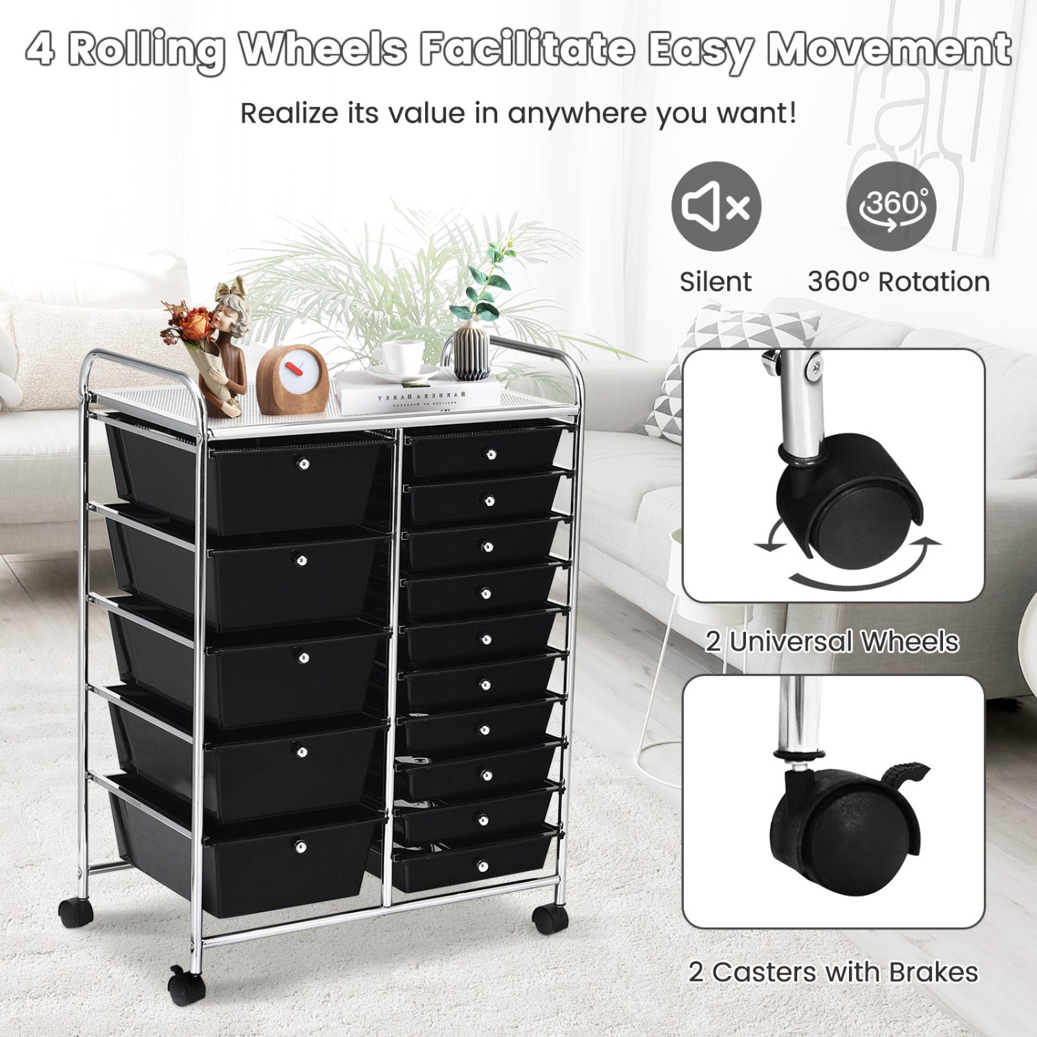 15-Drawer Rolling Organizer Cart, Multi-Use Storage, Black File Cabinets at Gallery Canada