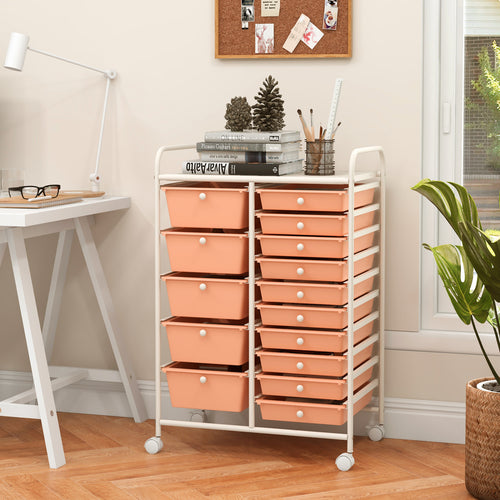 15-Drawer Rolling Organizer Cart, Multi-Use Storage, Peach