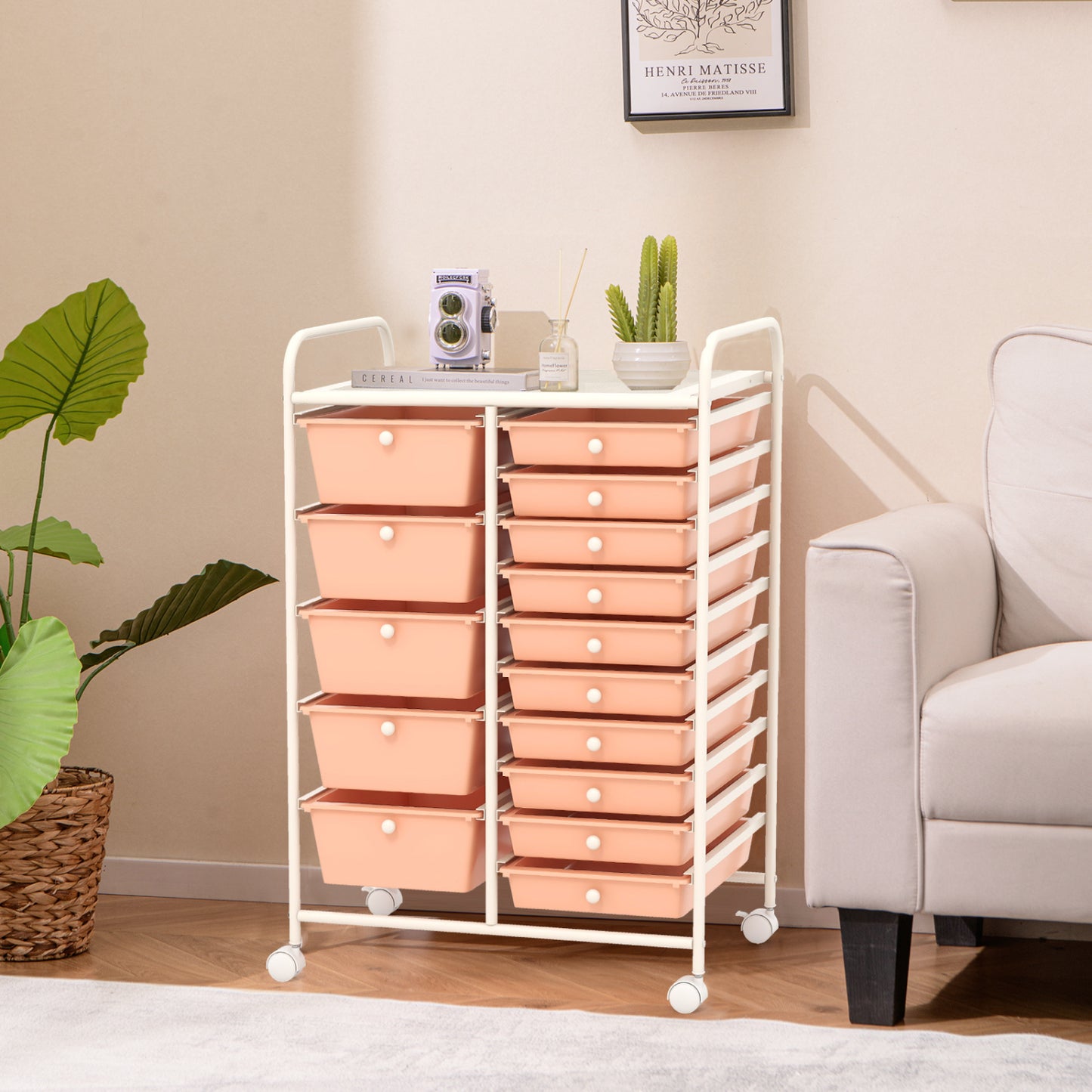 Chariot organisateur roulant à 15 tiroirs, rangement multi-usage, couleur pêche