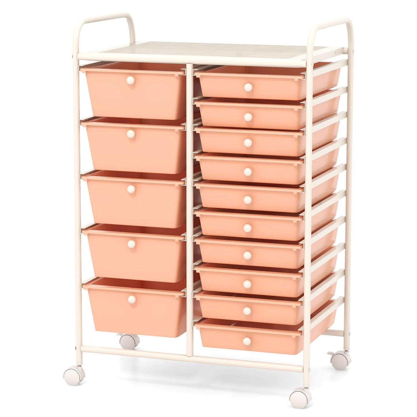 Chariot organisateur roulant à 15 tiroirs, rangement multi-usage, couleur pêche