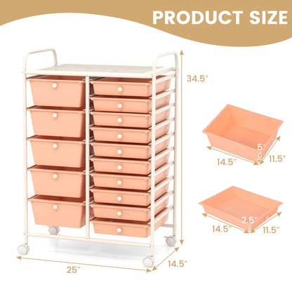 Chariot organisateur roulant à 15 tiroirs, rangement multi-usage, couleur pêche