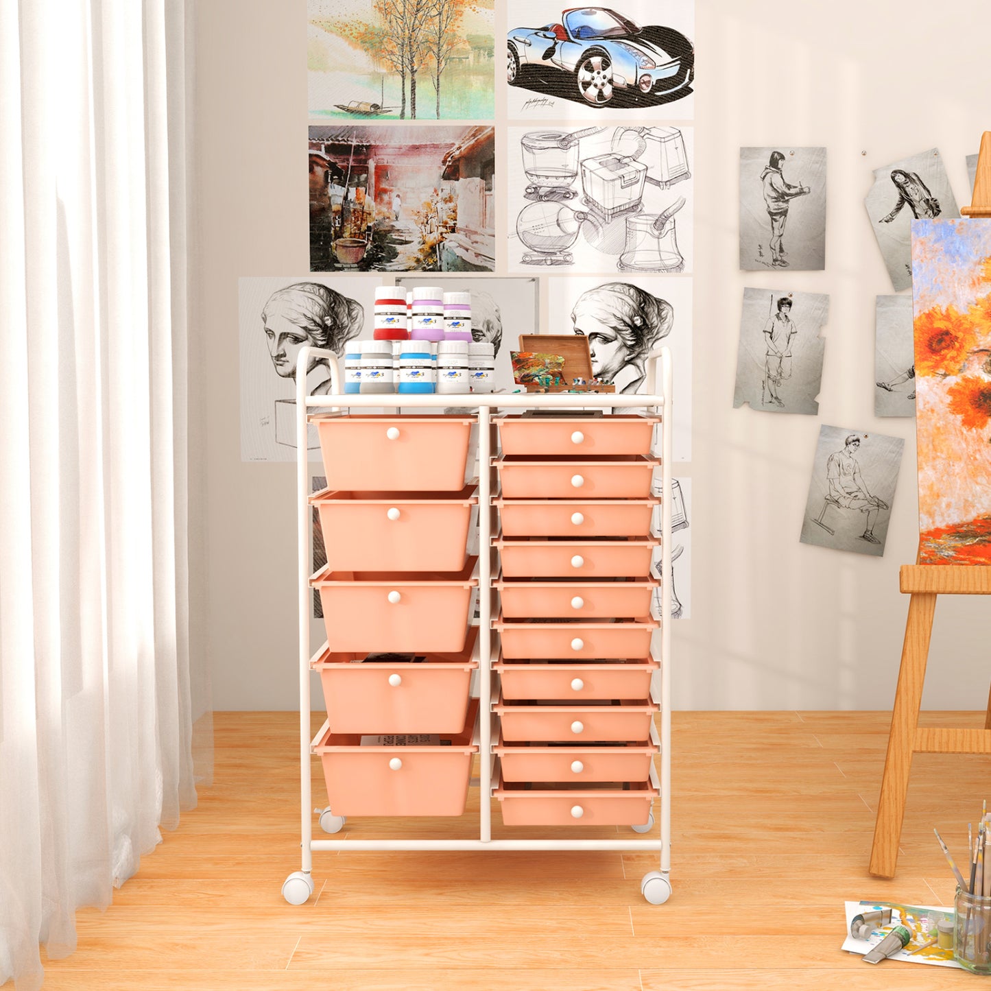 Chariot organisateur roulant à 15 tiroirs, rangement multi-usage, couleur pêche