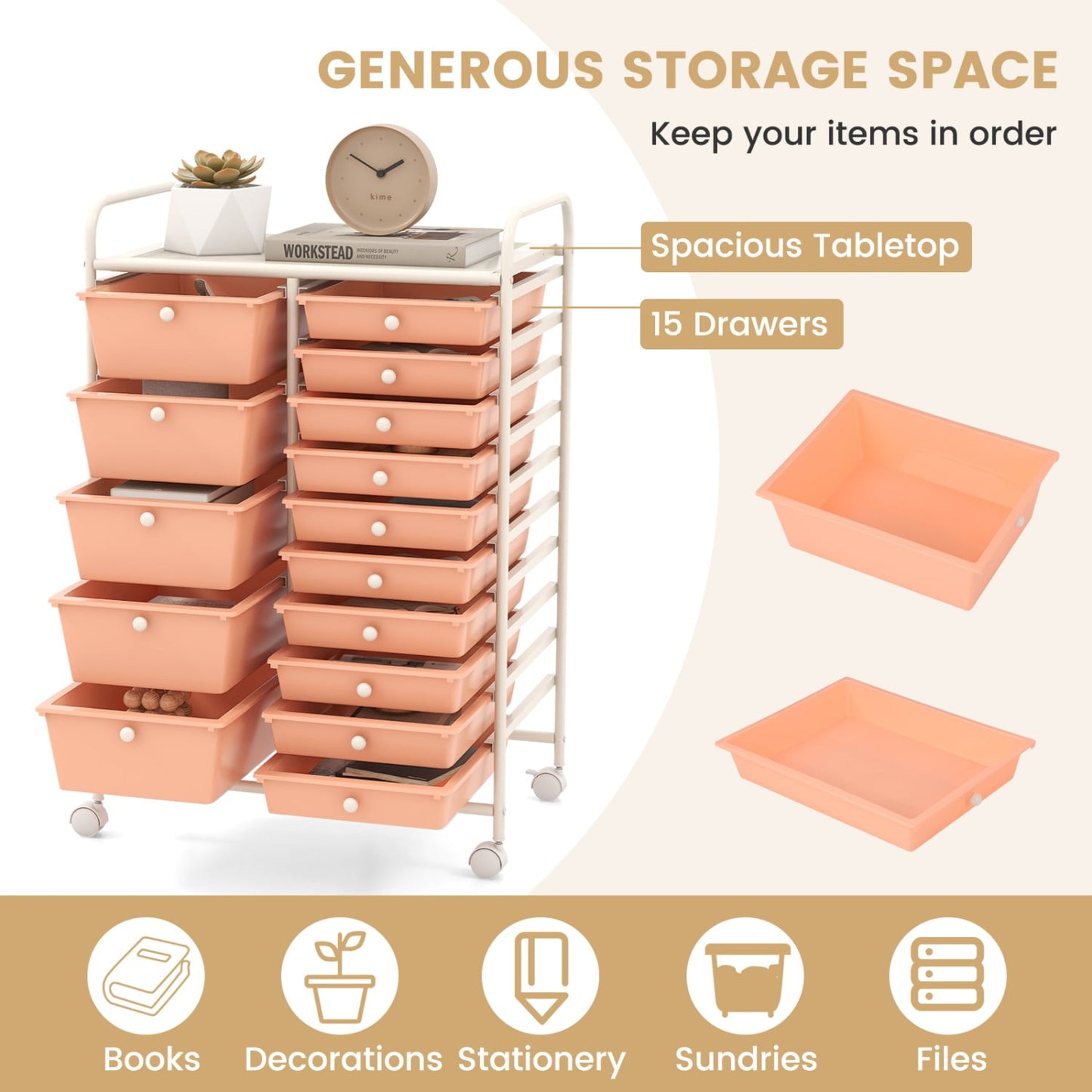 Chariot organisateur roulant à 15 tiroirs, rangement multi-usage, couleur pêche