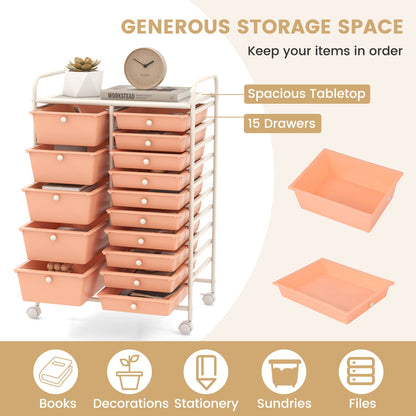 Chariot organisateur roulant à 15 tiroirs, rangement multi-usage, couleur pêche