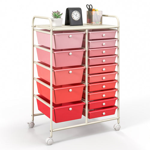15-Drawer Rolling Organizer Cart, Multi-Use Storage, Gradient, Pink
