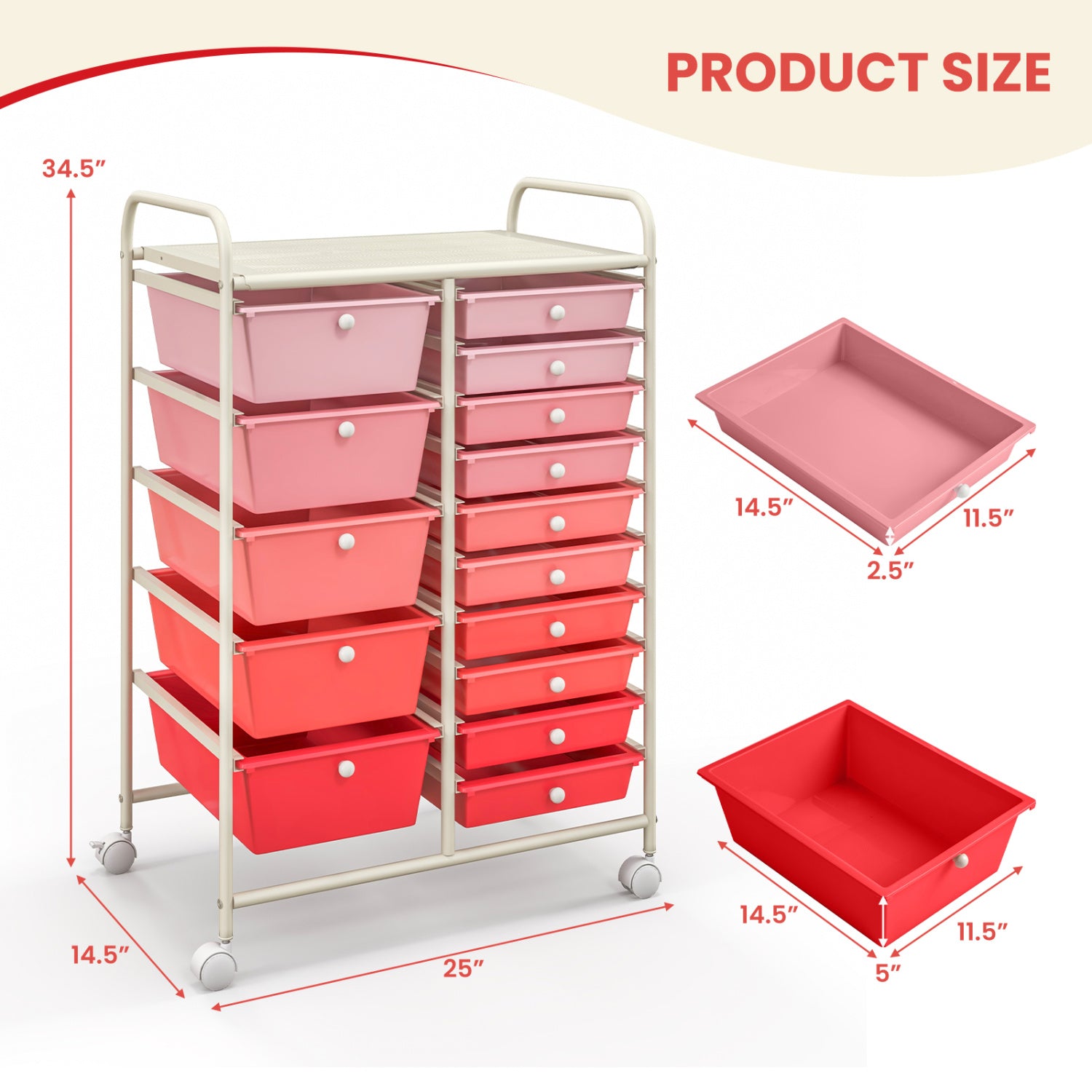 15-Drawer Rolling Organizer Cart, Multi-Use Storage, Gradient, Pink File Cabinets at Gallery Canada