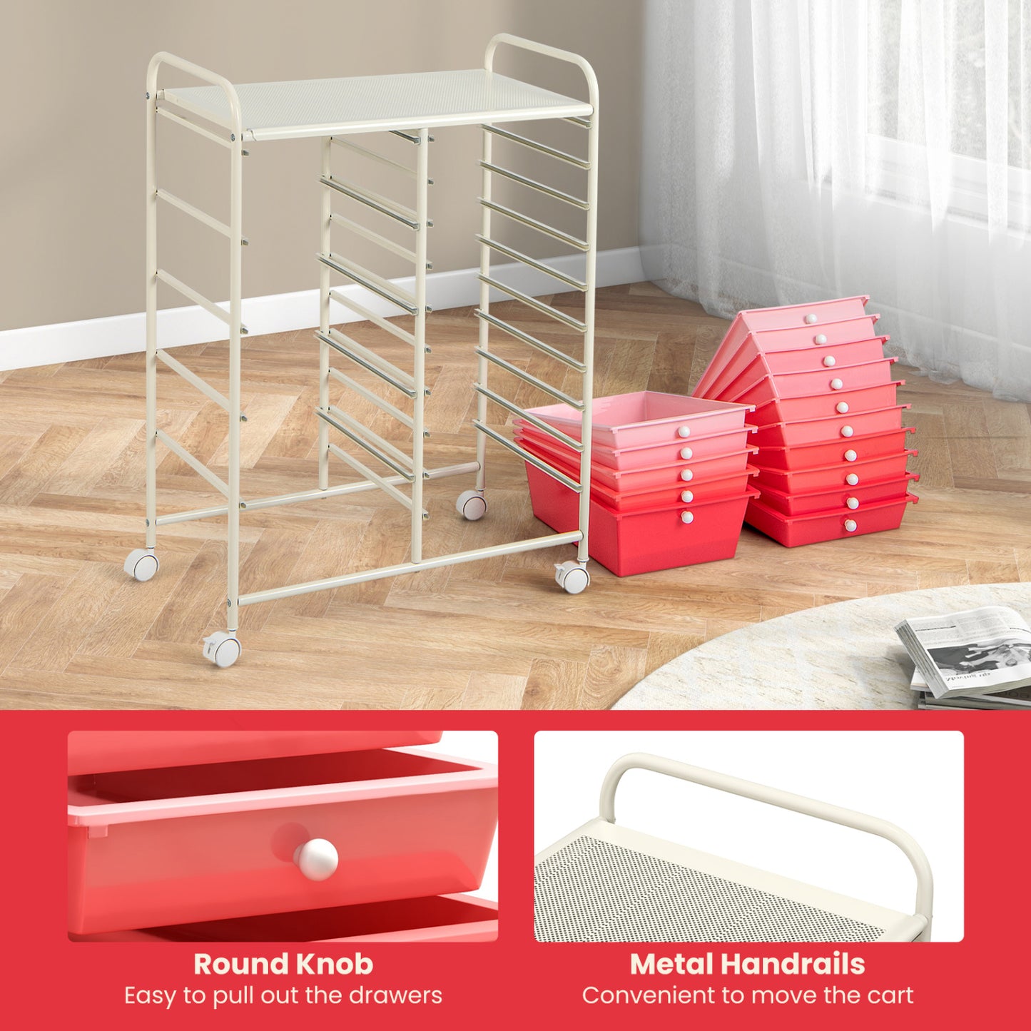 15-Drawer Rolling Organizer Cart, Multi-Use Storage, Gradient, Pink File Cabinets at Gallery Canada