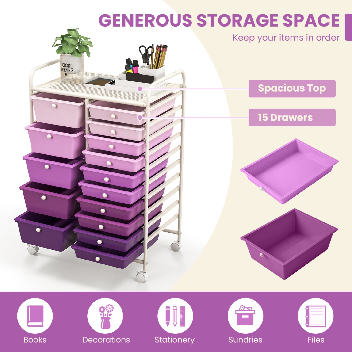 15-Drawer Rolling Organizer Cart, Purple File Cabinets at Gallery Canada