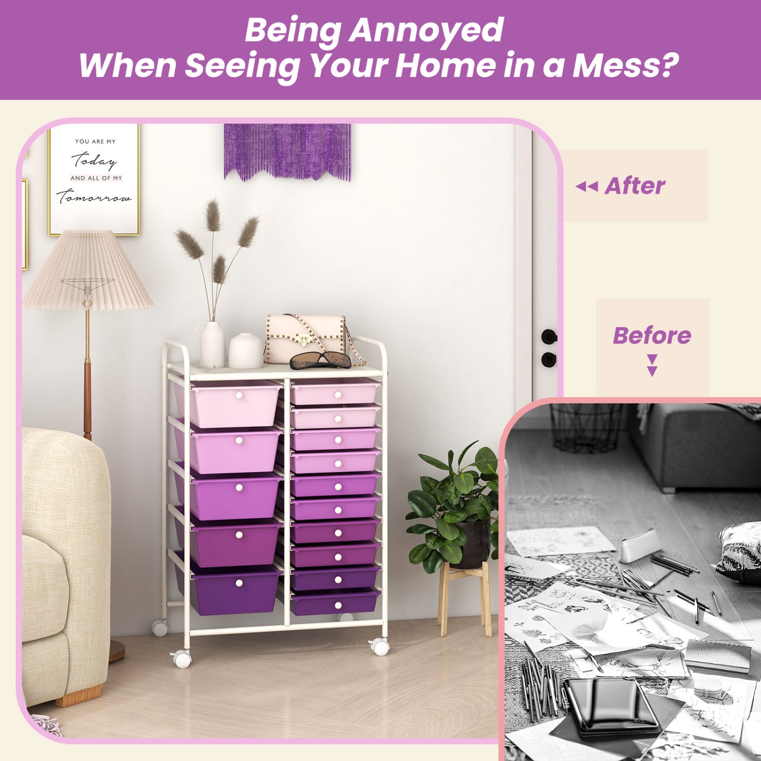 15-Drawer Rolling Organizer Cart, Purple File Cabinets at Gallery Canada