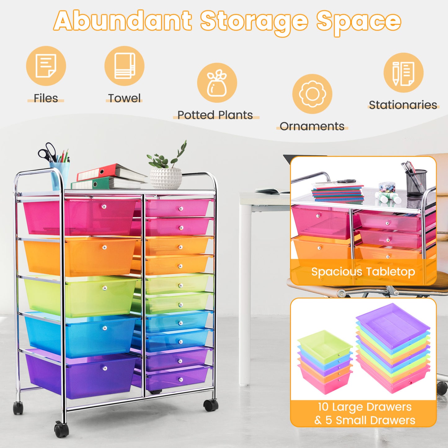 15 Drawers Rolling Storage Cart Organizer, Multicolor, Transparent File Cabinets at Gallery Canada