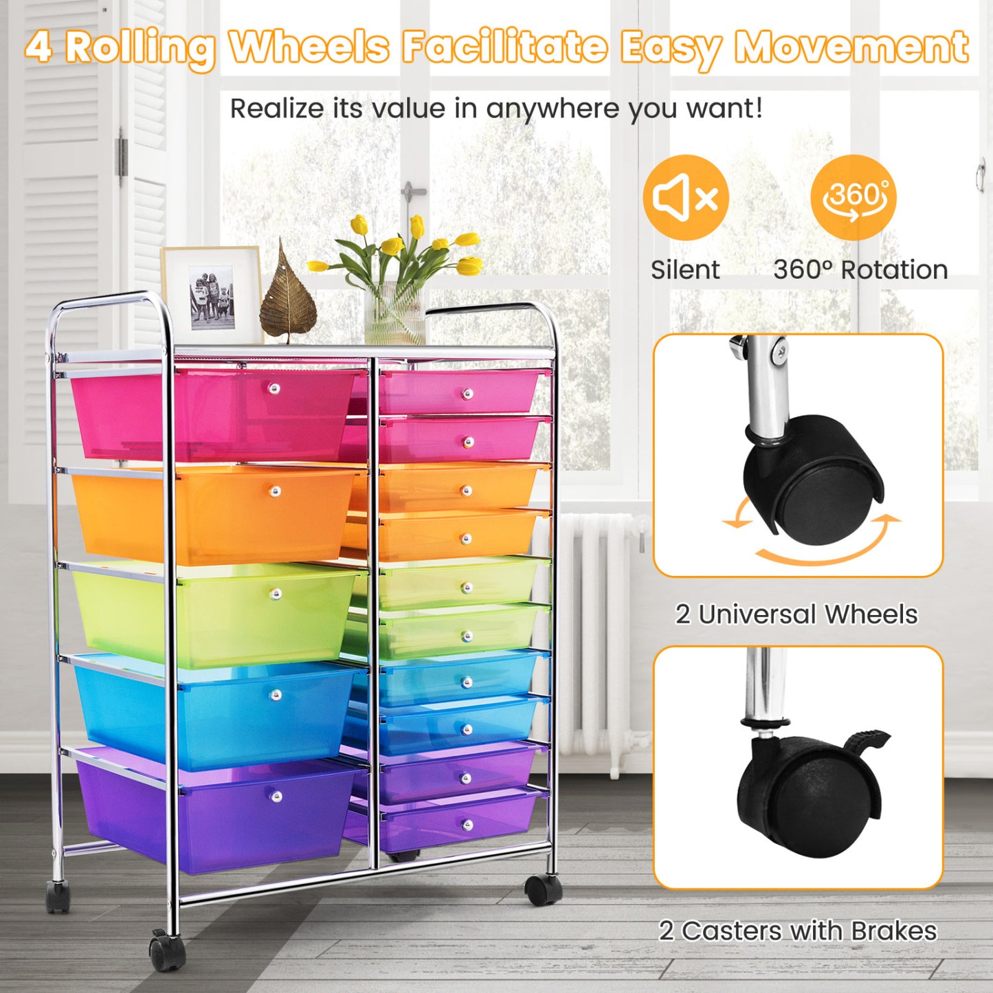 15 Drawers Rolling Storage Cart Organizer, Multicolor, Transparent File Cabinets at Gallery Canada