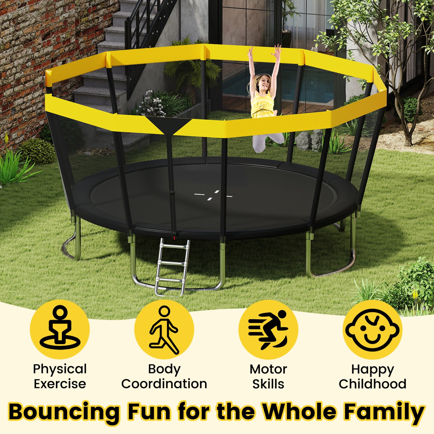 15 FT Outdoor Trampoline ASTM Compliant Recreational Trampoline with Non-Slip Ladder, Yellow Trampolines at Gallery Canada
