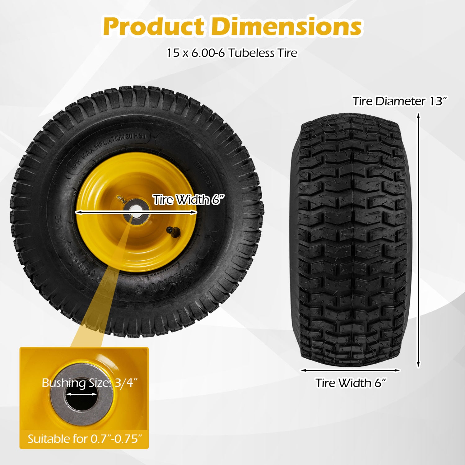 15 x 6.00-6 Tubeless Tires and Wheels 2 Pack 4 PR Tires, Yellow Garden Tools at Gallery Canada