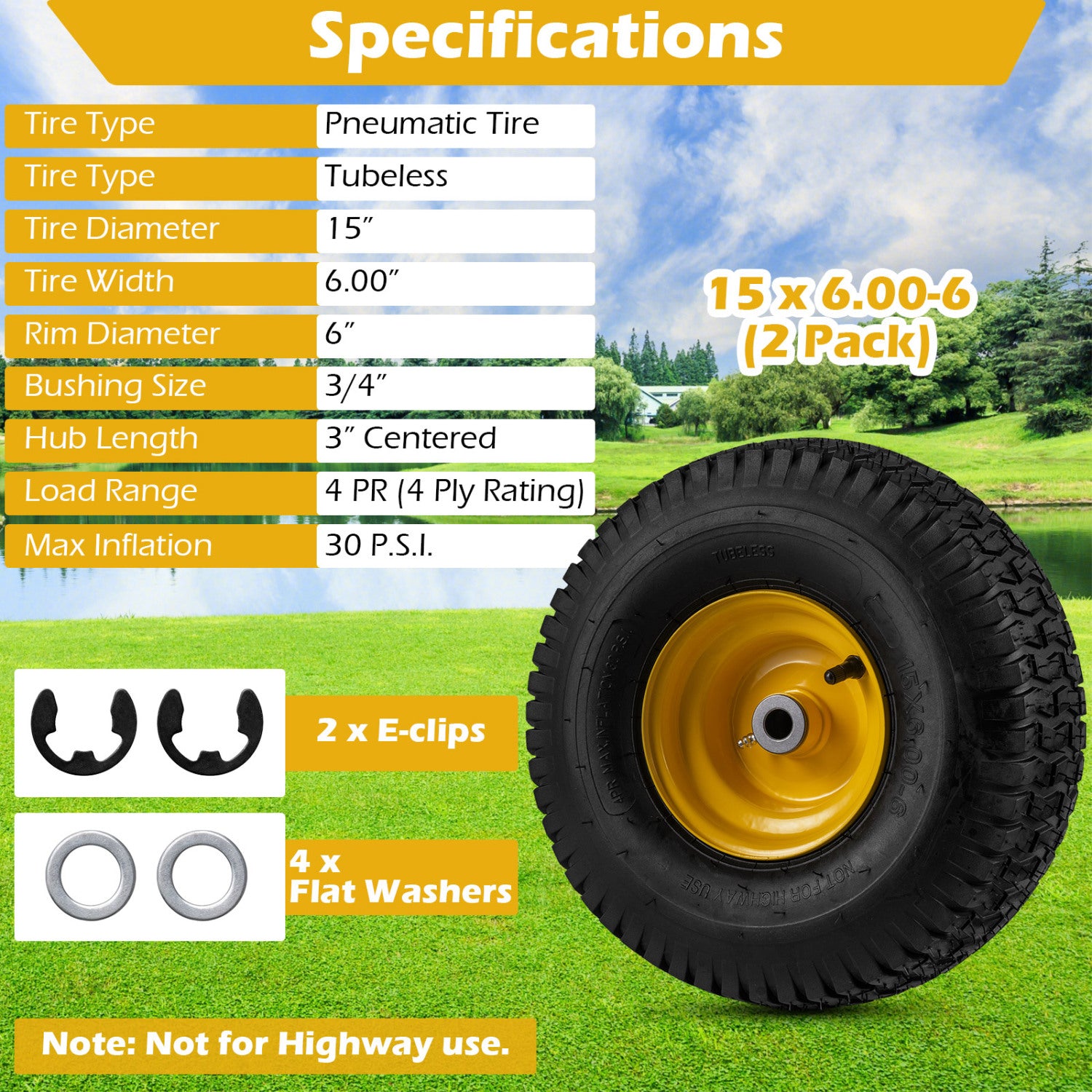 15 x 6.00-6 Tubeless Tires and Wheels 2 Pack 4 PR Tires, Yellow Garden Tools at Gallery Canada