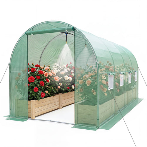 15x7x7 Ft Walk-in Tunnel Greenhouse With Watering System, Green