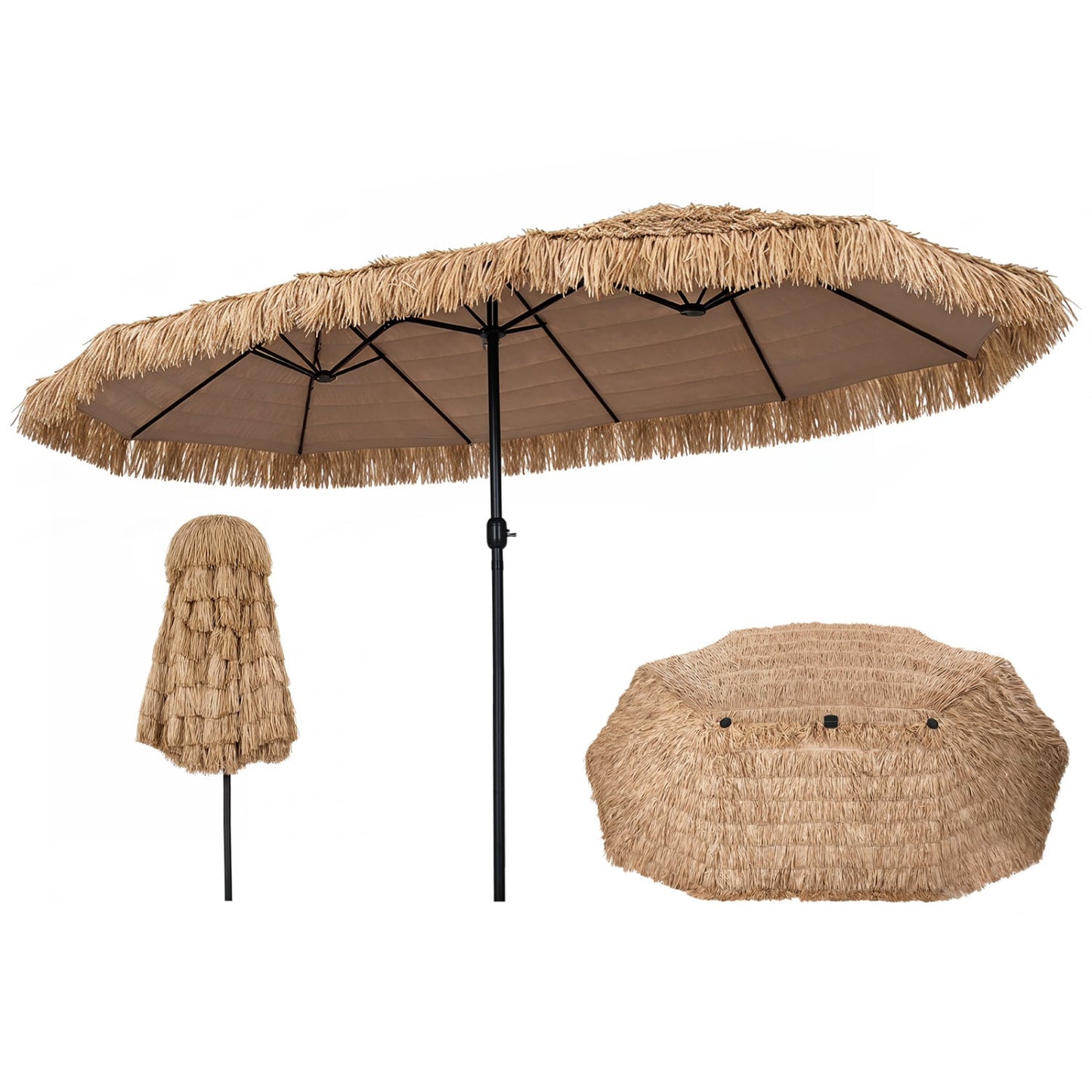 Double-sided Thatched Tiki Patio Umbrella, 15 x 9 FT, Brown