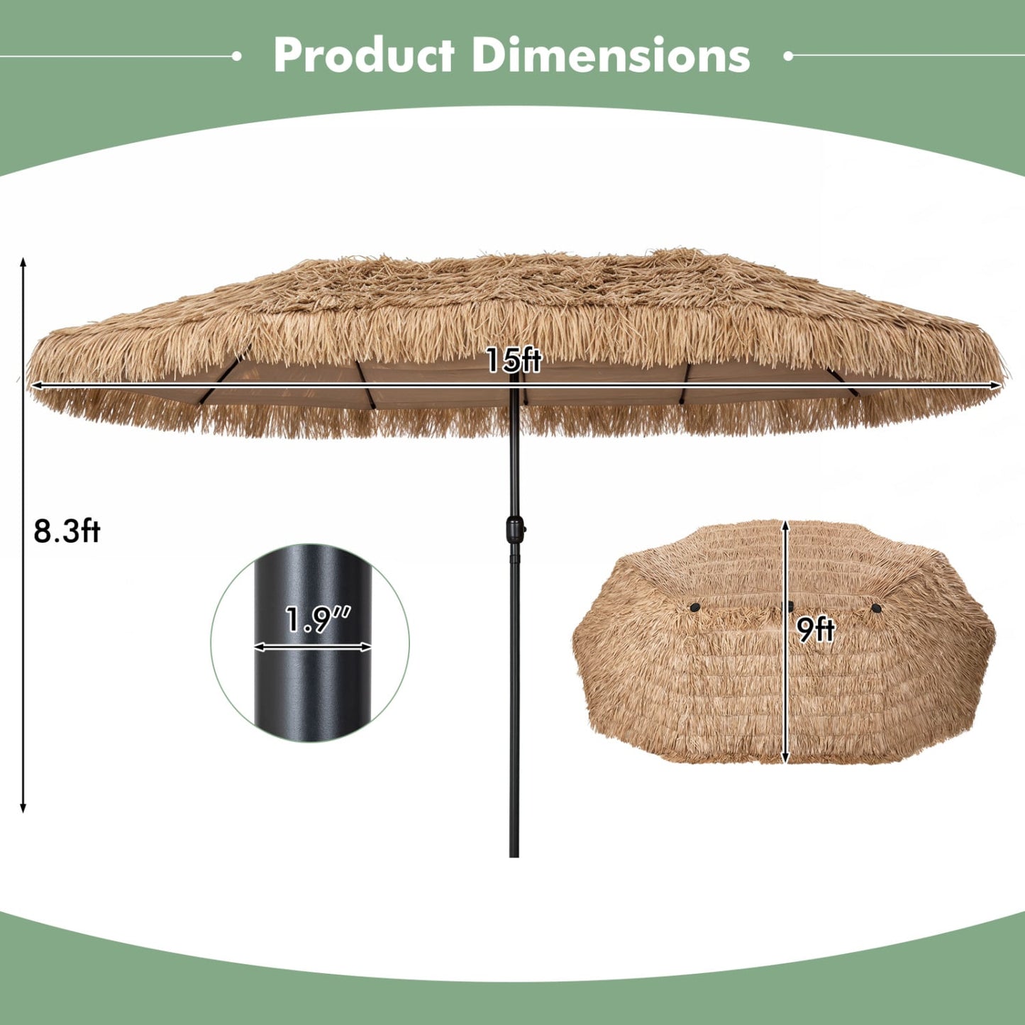 Double-sided Thatched Tiki Patio Umbrella, 15 x 9 FT, Brown