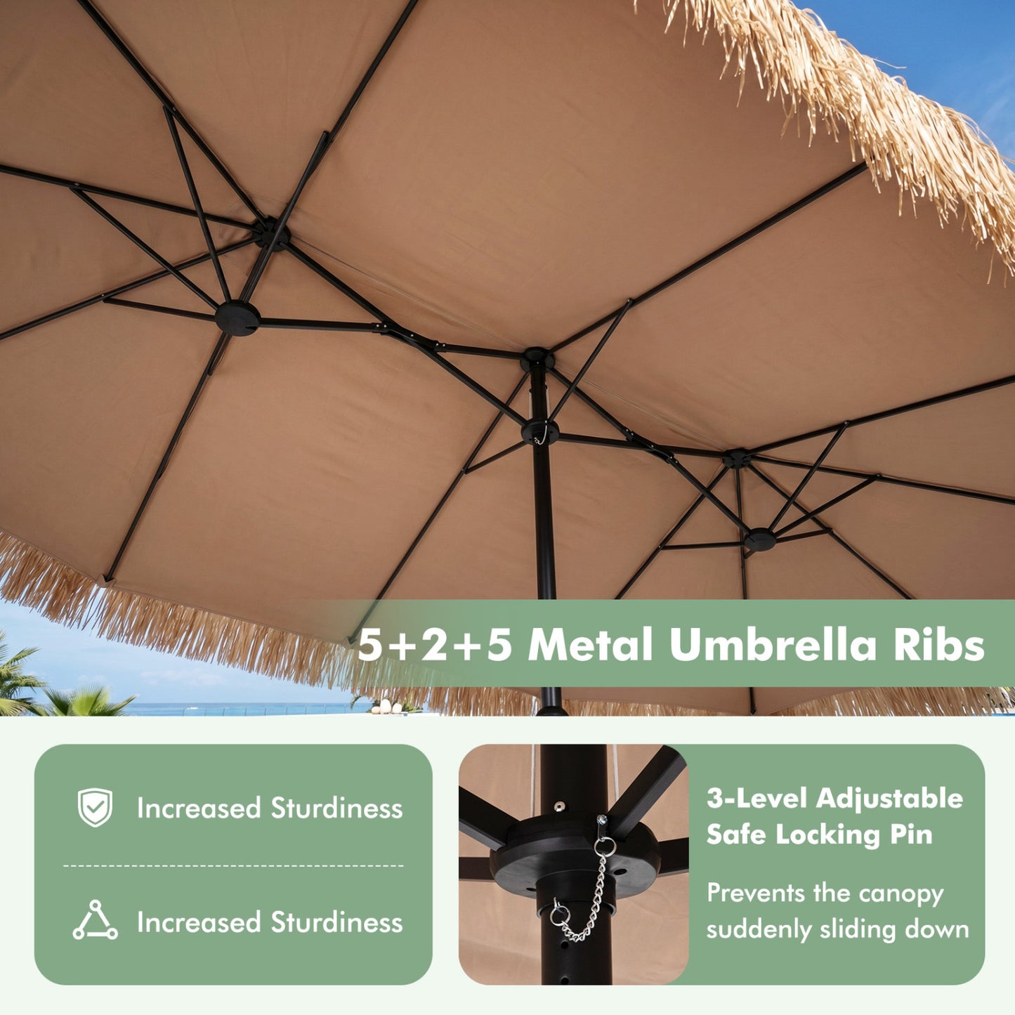 Double-sided Thatched Tiki Patio Umbrella, 15 x 9 FT, Brown