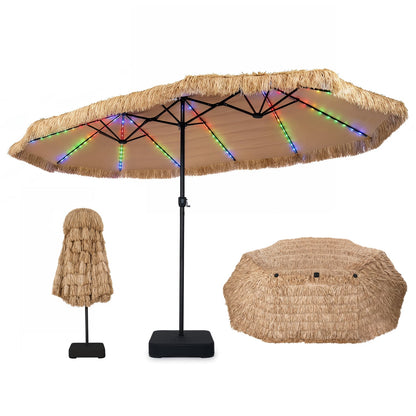 15x9 FT Solar Double-Sided Patio Umbrella, 144 Lights, Brown