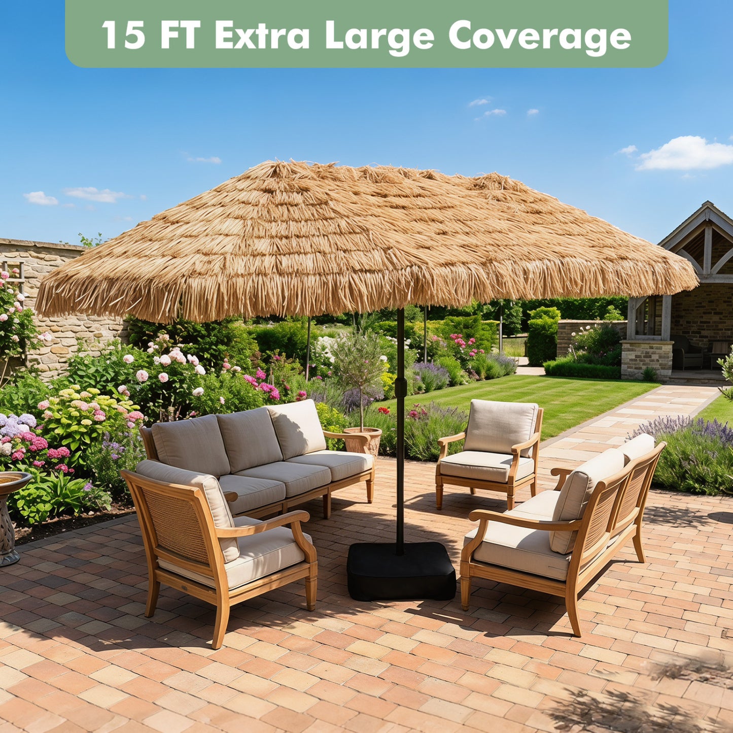 15x9 FT Solar Double-Sided Patio Umbrella, 144 Lights, Brown