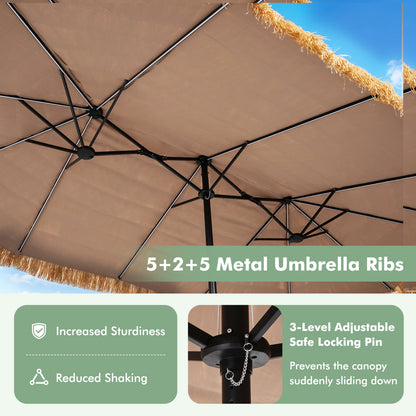 15x9 FT Solar Double-Sided Patio Umbrella, 144 Lights, Brown