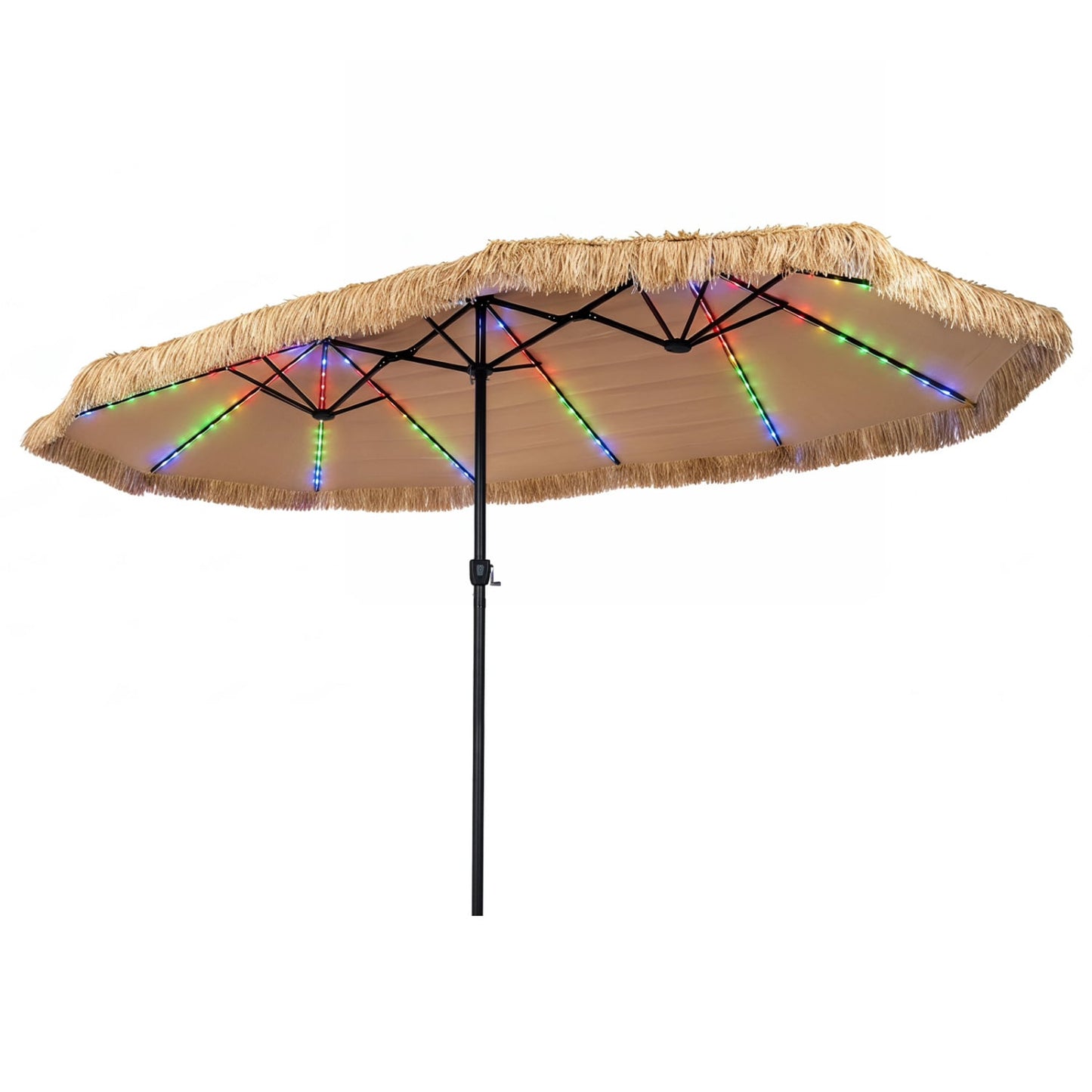 15x9 FT Solar Patio Umbrella, 144 Multi-Colored Lights, 12 Modes, Brown