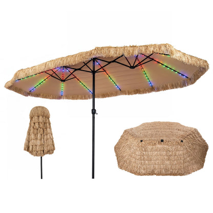 15x9 FT Solar Patio Umbrella, 144 Multi-Colored Lights, 12 Modes, Brown