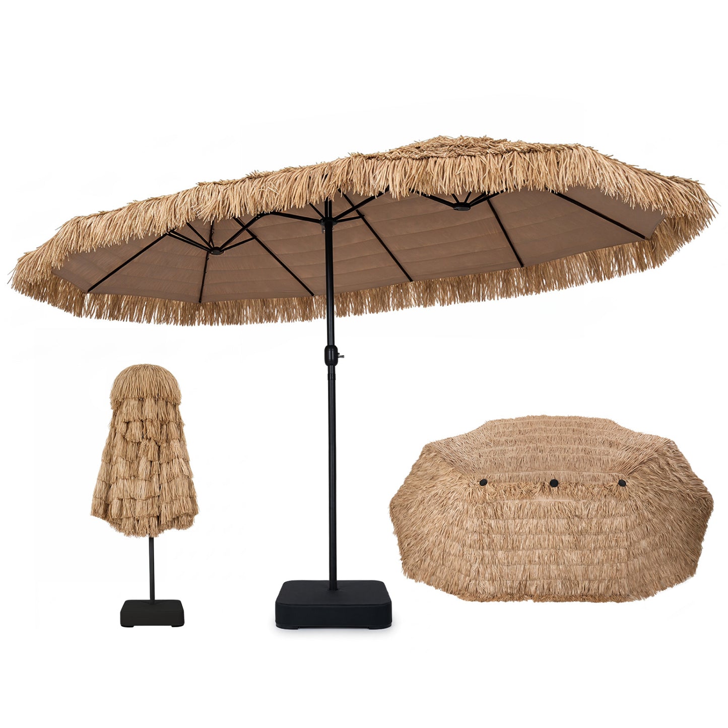 15 x 9 FT Solar Patio Umbrella with Base, Brown