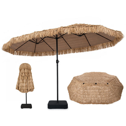 15 x 9 FT Solar Patio Umbrella with Base, Brown