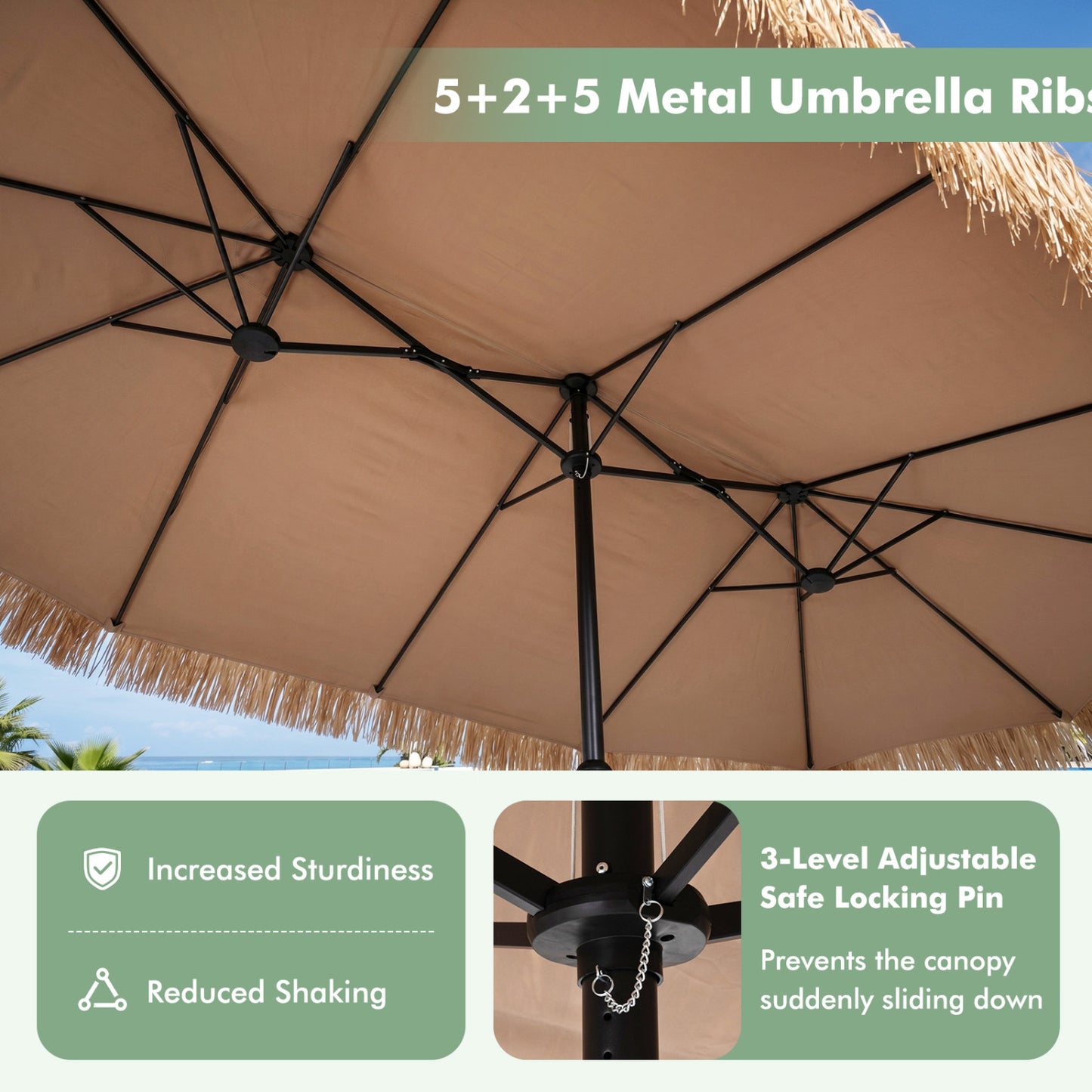 15 x 9 FT Solar Patio Umbrella with Base, Brown