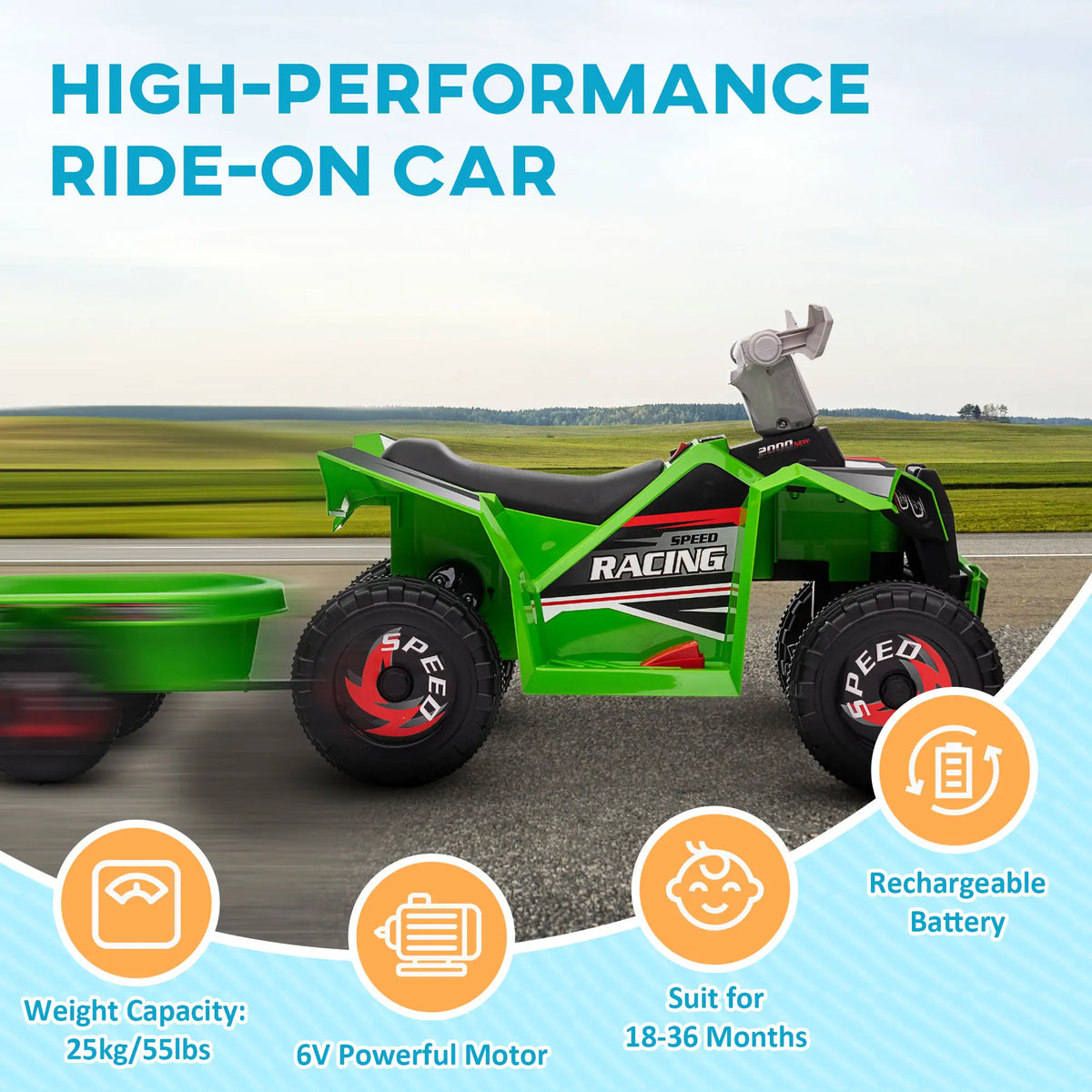 6V Electric Toy Car with Back Trailer, Forward Backward, Green Electric Ride On Toys at Gallery Canada