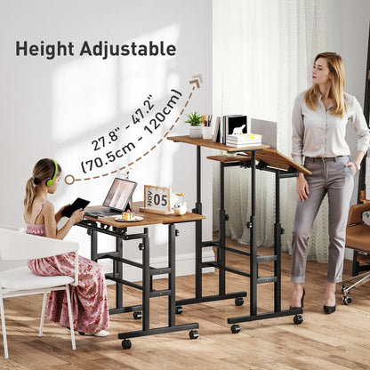 Mobile Stand Up Desk, Height Angle Adjustable, Wheels, Brown Computer Desks at Gallery Canada