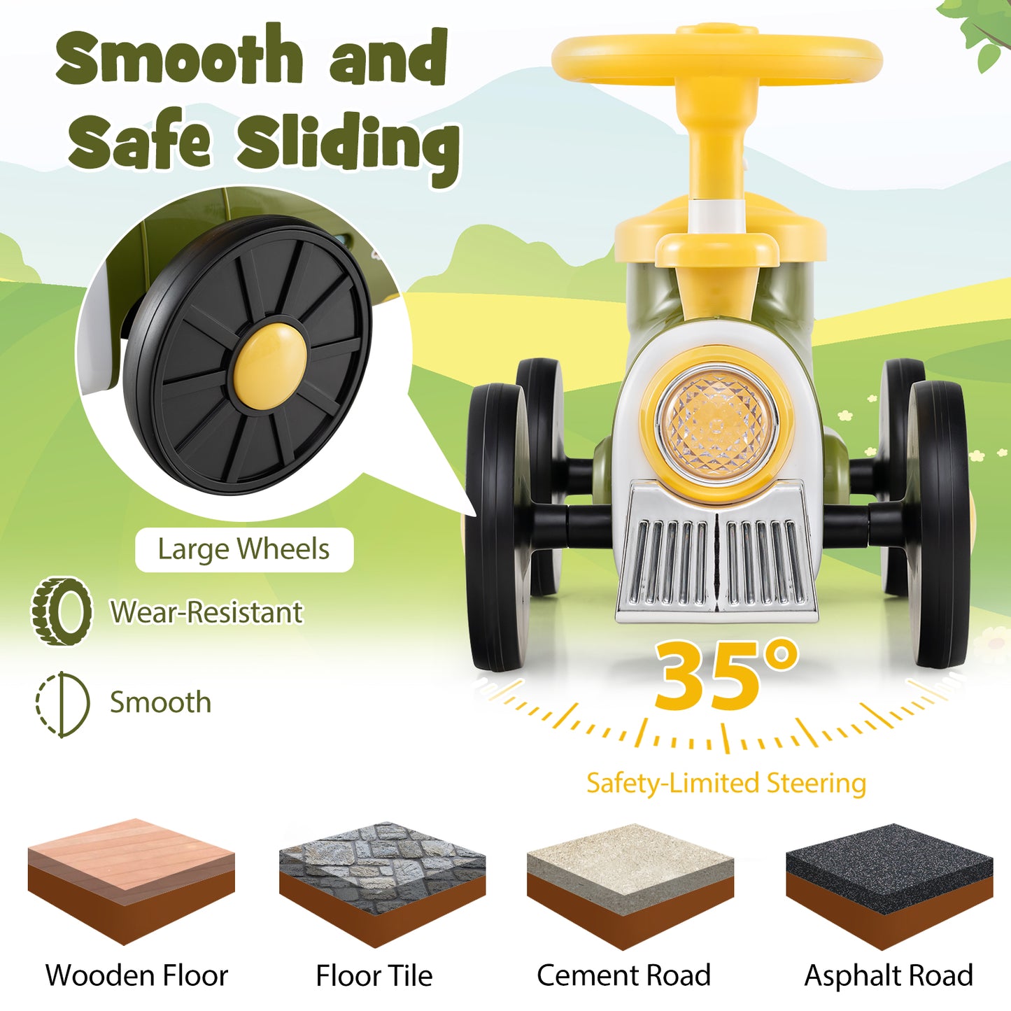 Ride on Toy with Steering Wheel and Train Whistle Sound Button, Green Push & Pedal Ride On Toys at Gallery Canada