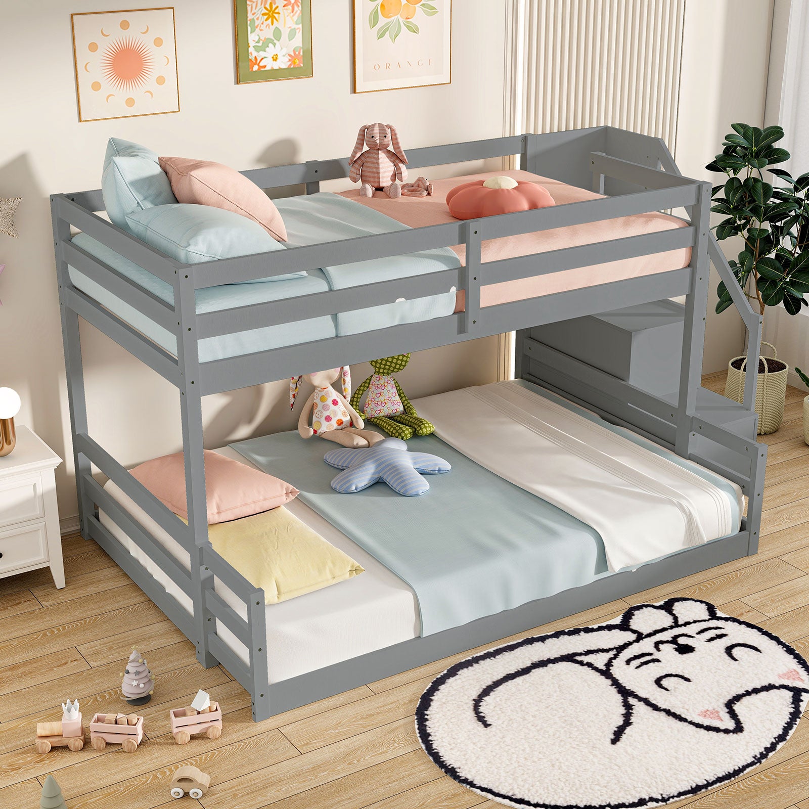 Solid Wood Twin Over Full Low Bunk Bed with Storage Stairs-Grey, Gray Bunk Bed Frame at Gallery Canada