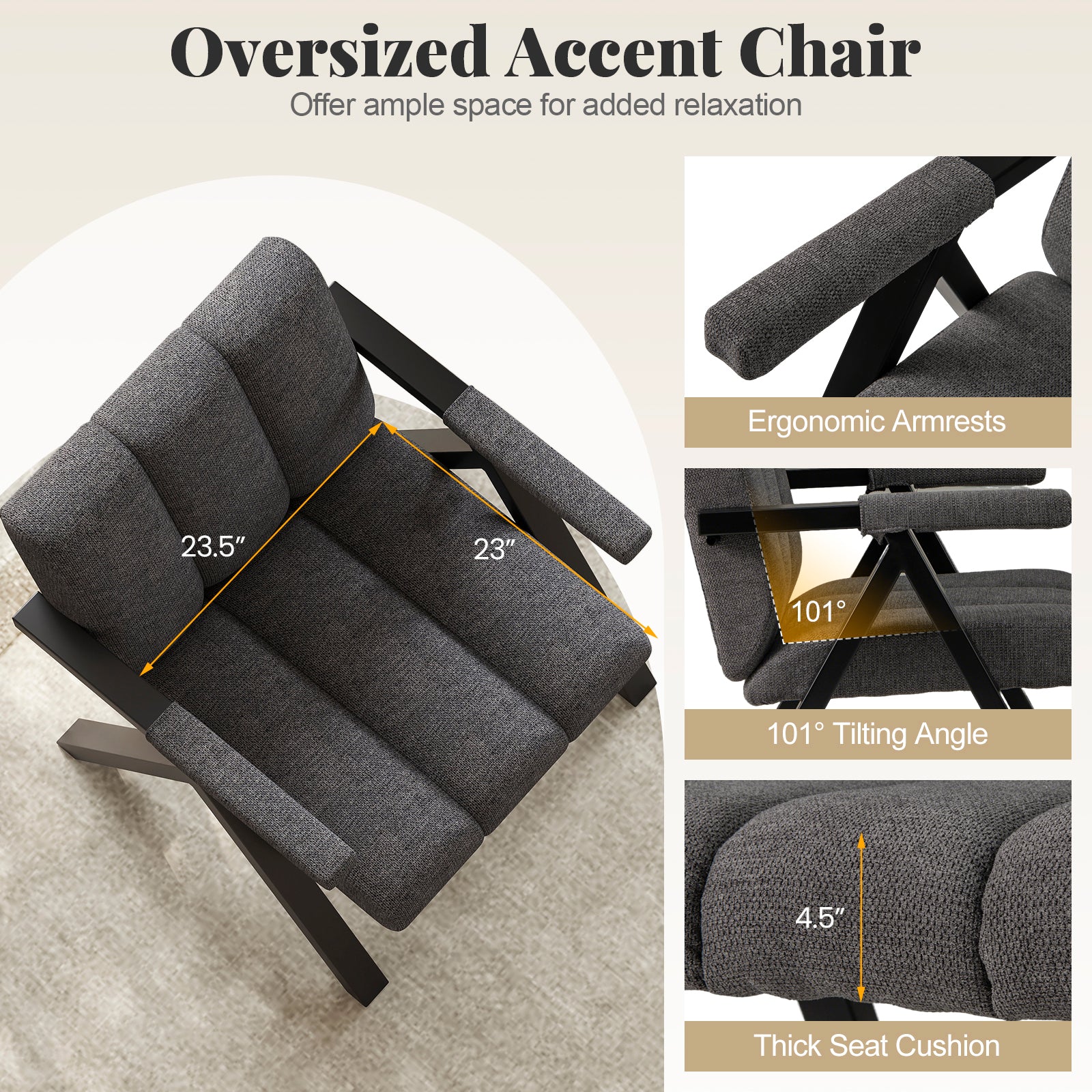 Oversized Accent Chair with Metal Frame and Armrests, Gray Accent Chairs at Gallery Canada