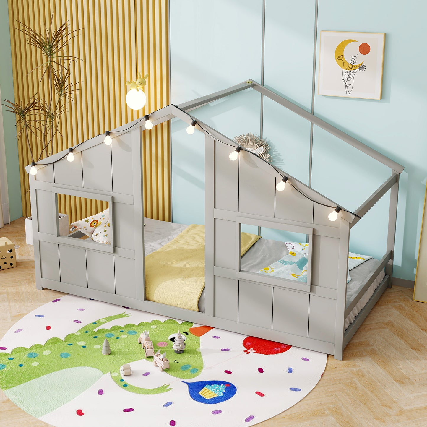 Twin Size House Bed with LED Lights Montessori Slat-free Floor Bed-Grey, Gray Toddler Beds at Gallery Canada
