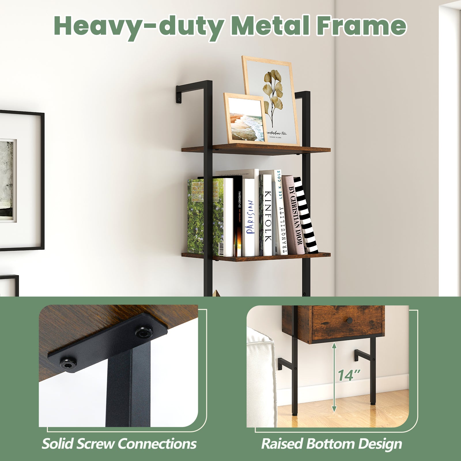 5-Tier Ladder Bookcase with Drawer and Metal Frame for Study Home Office, Rustic Brown Bookcases at Gallery Canada