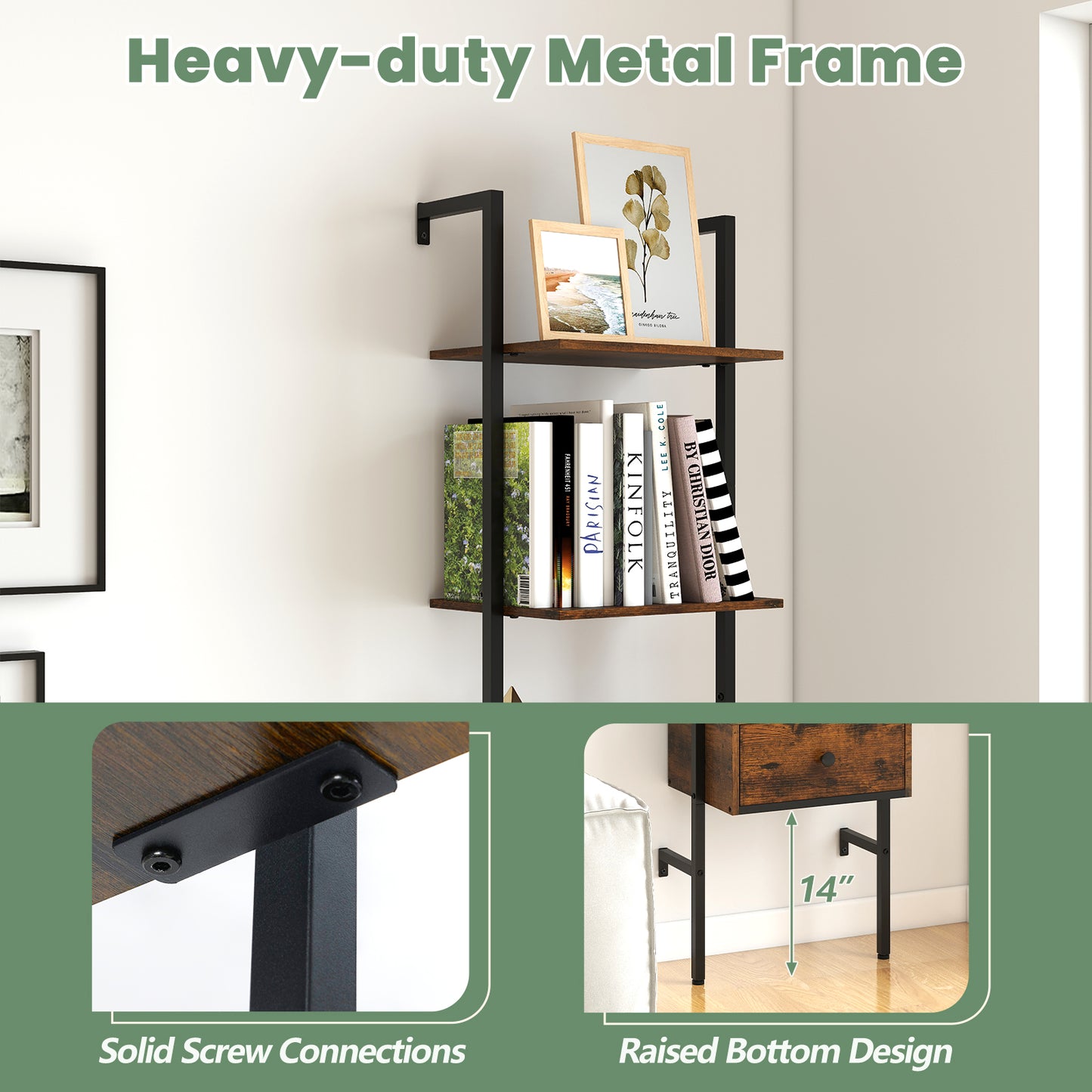 5-Tier Ladder Bookcase with Drawer and Metal Frame for Study Home Office, Rustic Brown Bookcases at Gallery Canada