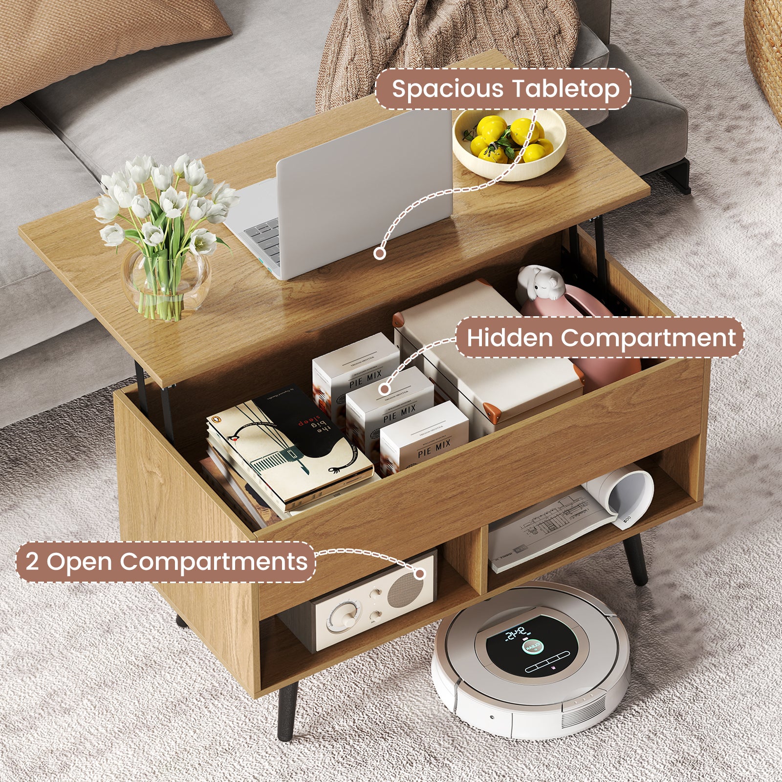 31.5 Inch Lift-Top Coffee Table with Hidden Storage and 2 Open Shelves, Natural Living Room at Gallery Canada