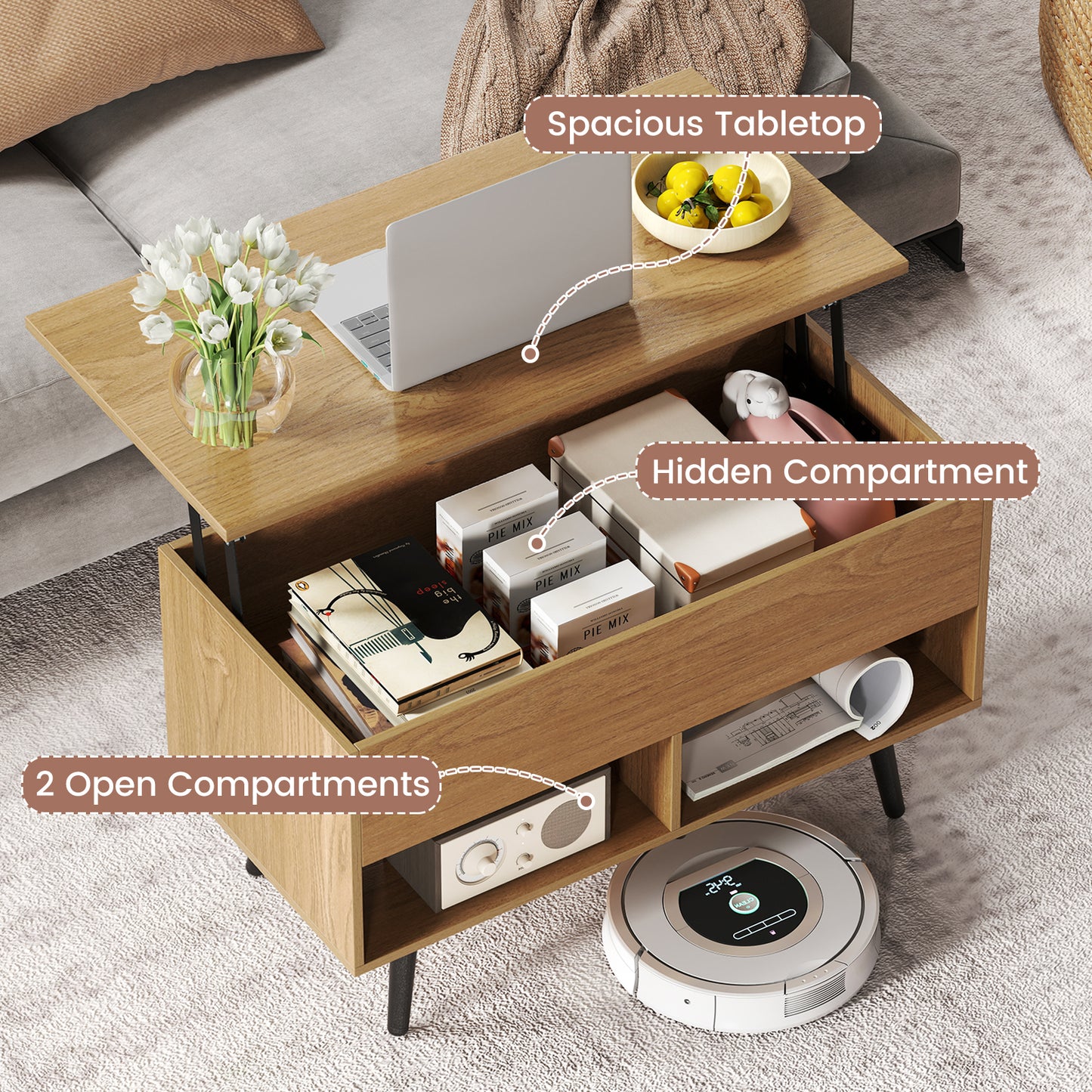 31.5 Inch Lift-Top Coffee Table with Hidden Storage and 2 Open Shelves, Natural Living Room at Gallery Canada