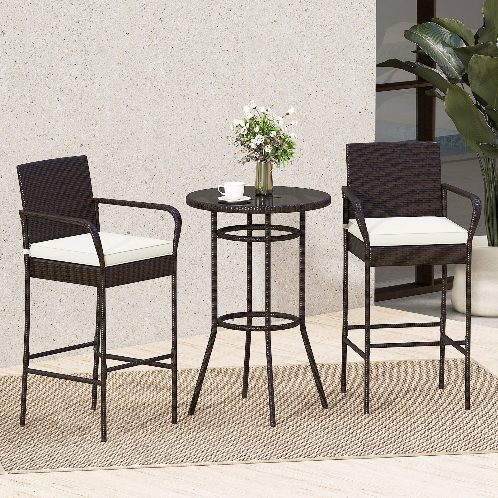 Patio Rattan Bar Height Table and Chairs with 2 Seat Cushions for Porch, White Patio Bar Furniture at Gallery Canada